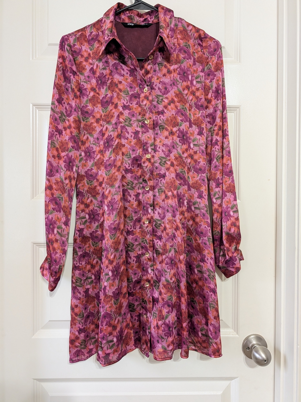 Zara Pink and Purple Floral Button-Front Dress XS